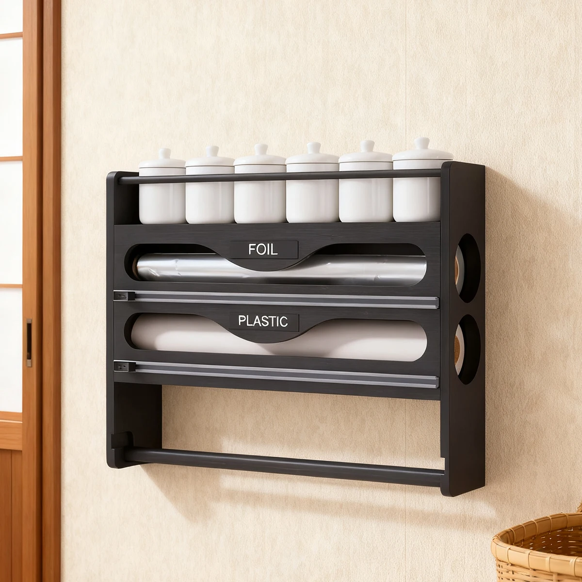 4-in-1 Bambus Wandmontage Küchenorganizer, Küchenfolienspender mit Schneidevorrichtung, Papierhandtuchhalter & Gewürzregal