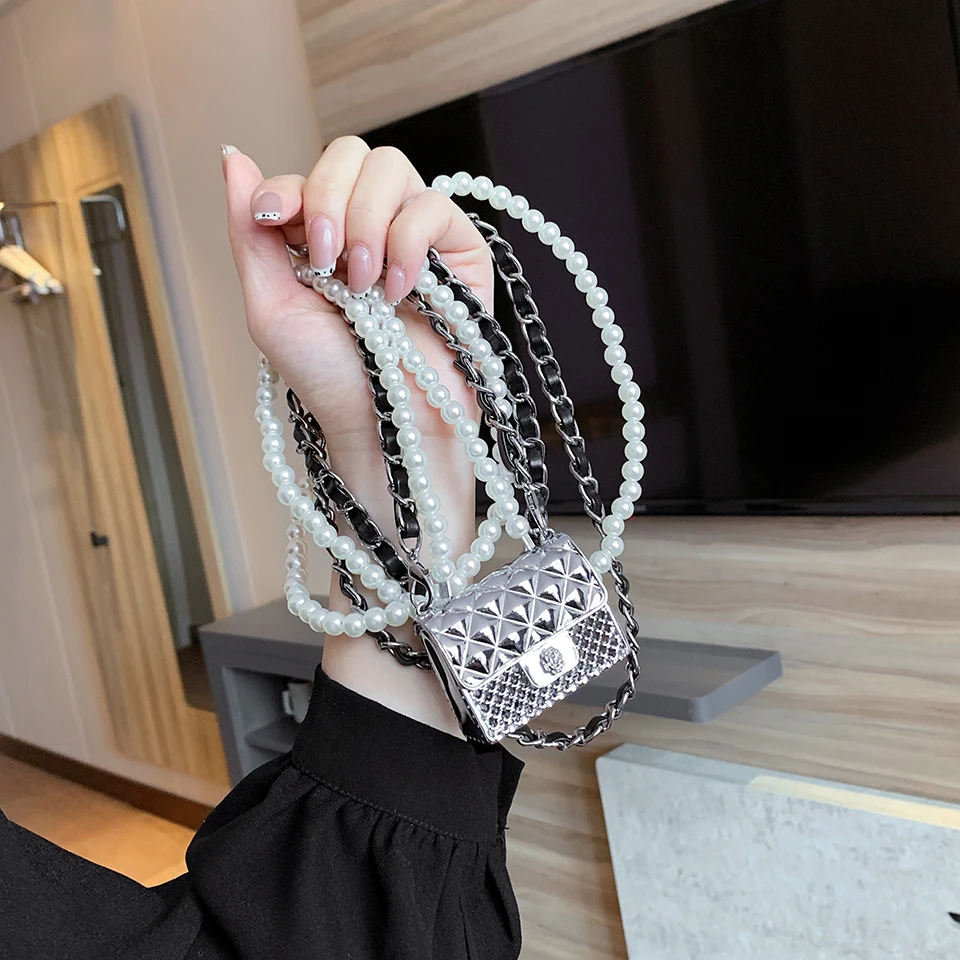 Mini Dinner Bags for Women Fashionable Metal Small Box Bag Designer Pearl Chain Shoulder Bag Clothing Accessories Crossbody Bag image 2