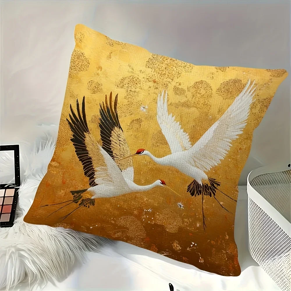 1Pc Japanese Style Cushion Cover Golden Red Crowned Crane Print Pillowcase For Sofa Bed Home Decor Decorative Throw Case