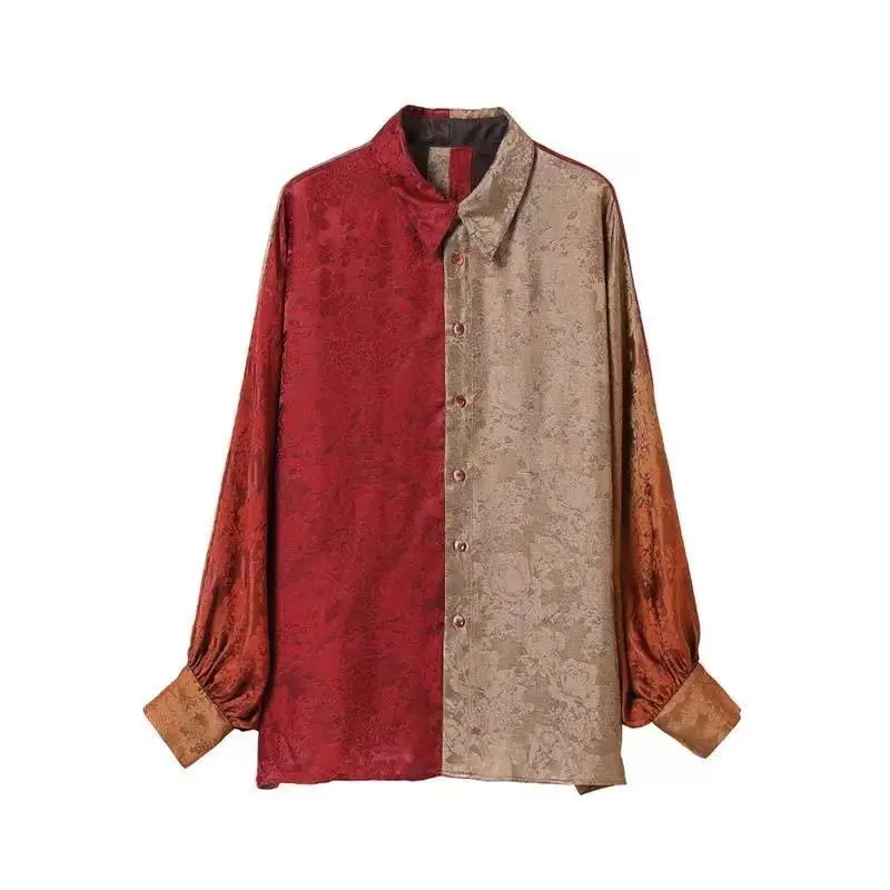 Ropa de mujer Vintage elegante Jacquard empalmado camisa otoño nueva mujer botón cuello vuelto moda Color a juego blusa