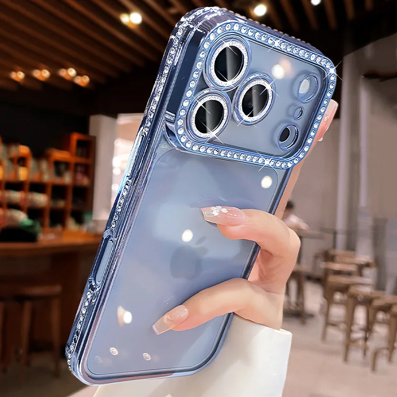 Luxuriöse Bling-Kristall-Linsenschutzfolie Handyhülle für iPhone 11 12 13 14 15 16 17 18 Pro Max Plus Air Stoßfeste Silikon-Bumper-Hülle – Detail 14