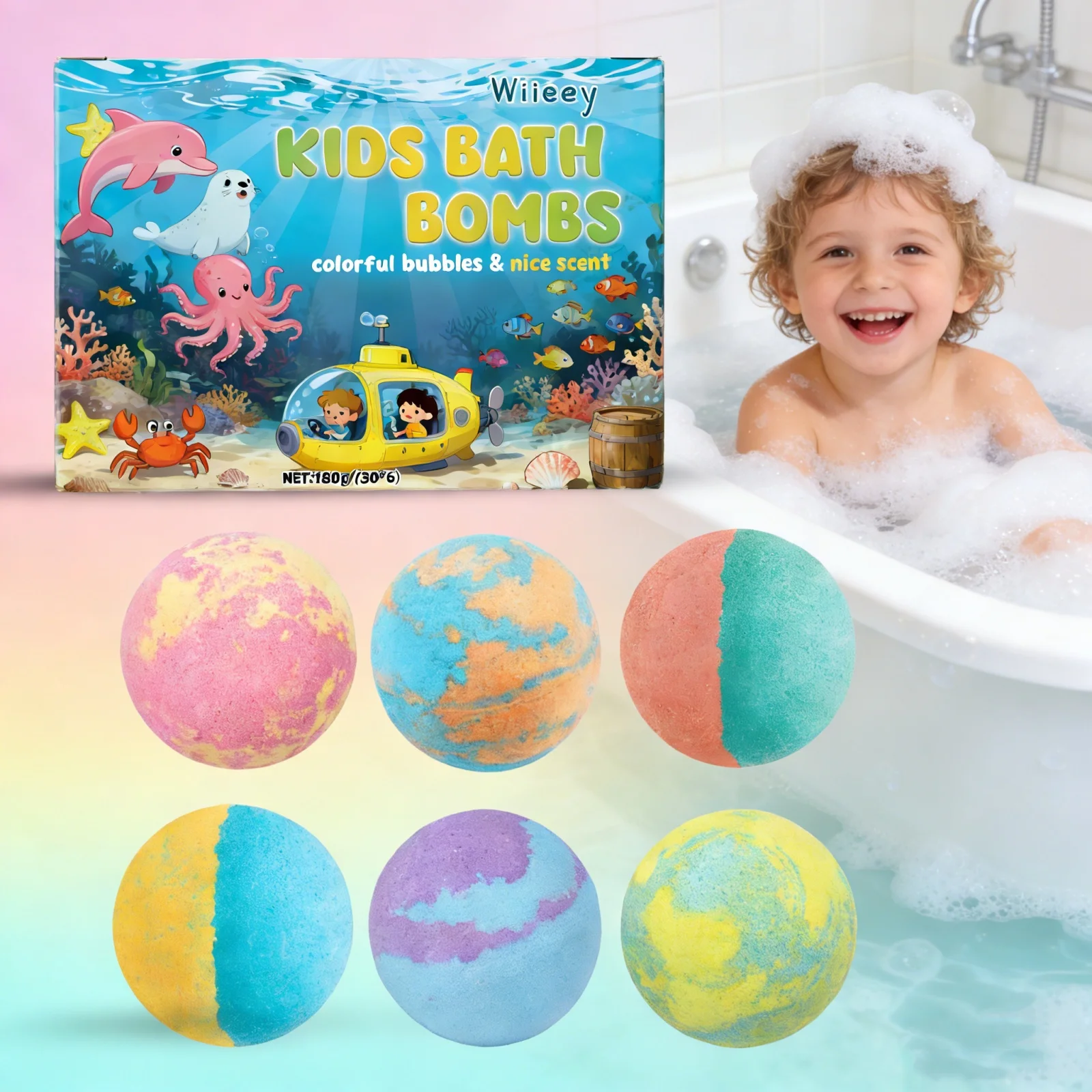 Kids Colorful Bubble Bath Balls Set 6Pcs Boxed Moisturizing Skin Care Relaxing Shower Time For Kid Natural Fizzy Spa Bath Balls