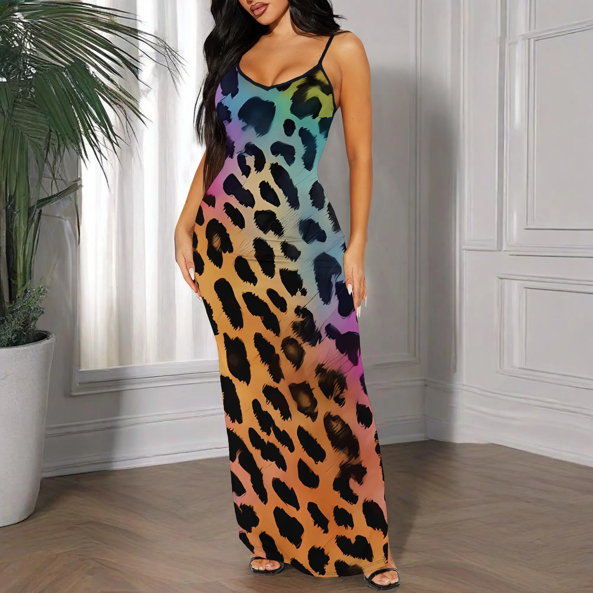 

Nupusa Colorful Leopard Print Dress for Women Standard Size Summer Casual Spaghetti Strap Maxi Dress