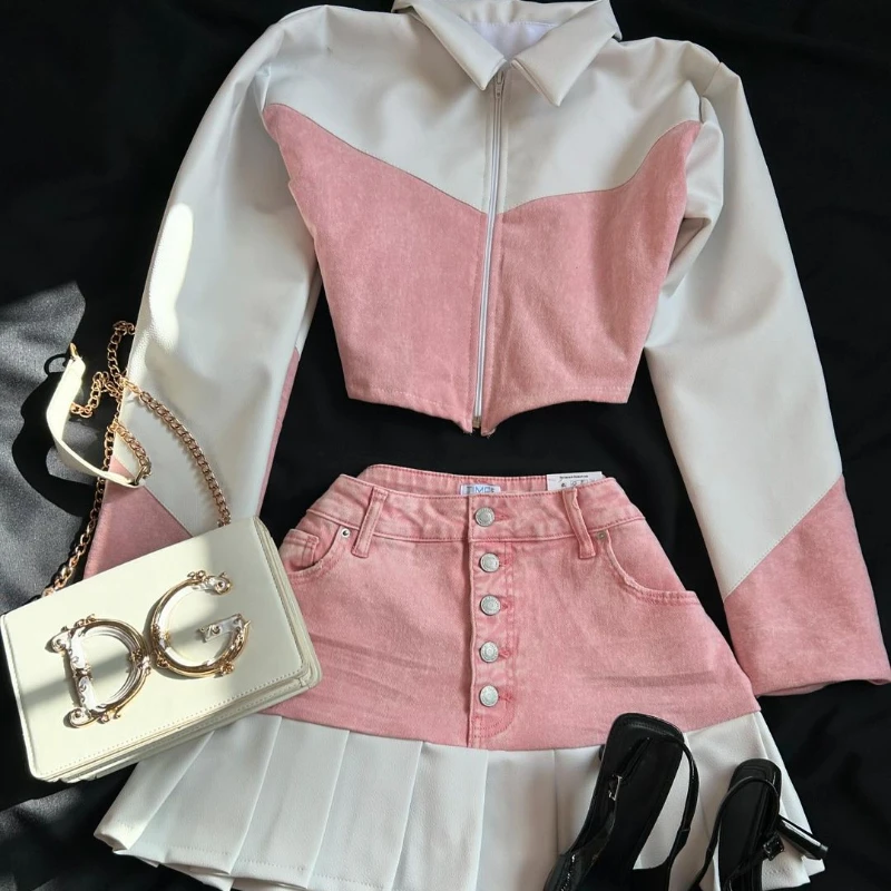 Casual Leather Spliced Denim Pink Two Piece Set Women Y2K Harajuku Long Sleeve Zipper Jacket Mini Pleated Skirt Autumn Jacket