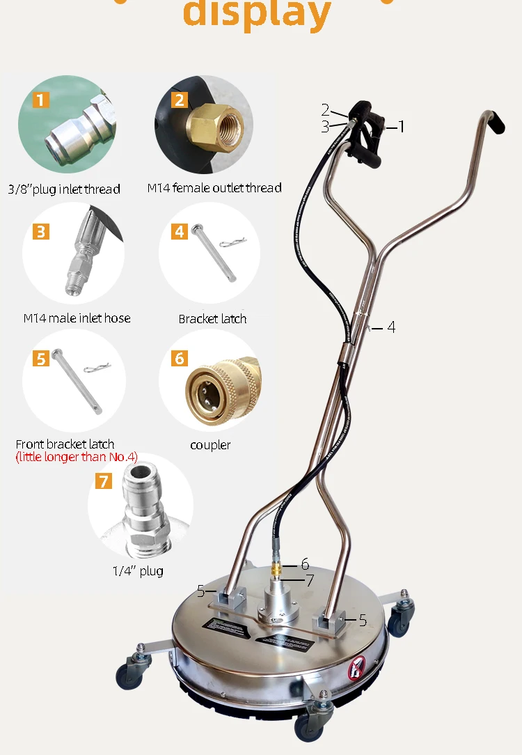 Commercial 20 Inch Stainless Steel Pressure Washer Surface Cleaner with 4 Wheels Dual Handle for Cleaning Driveways, Sidewalks