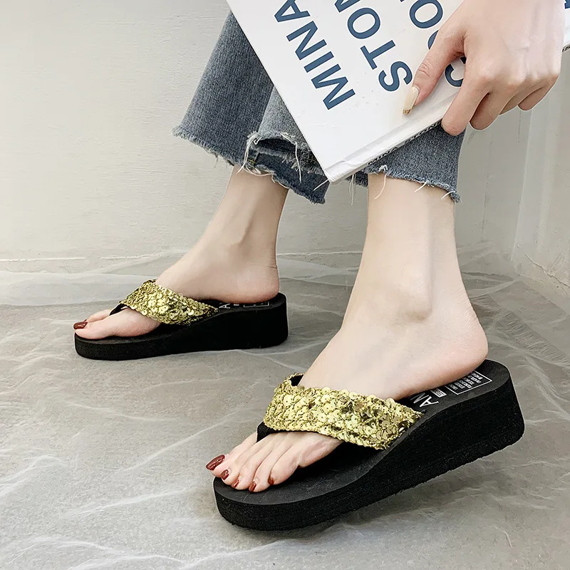 Women Flip Flops Slippers Beach Sandals Sequins Bling Shoes For Women 2024 Wedges Platform Slippers Female Shoes Slide Zapatos