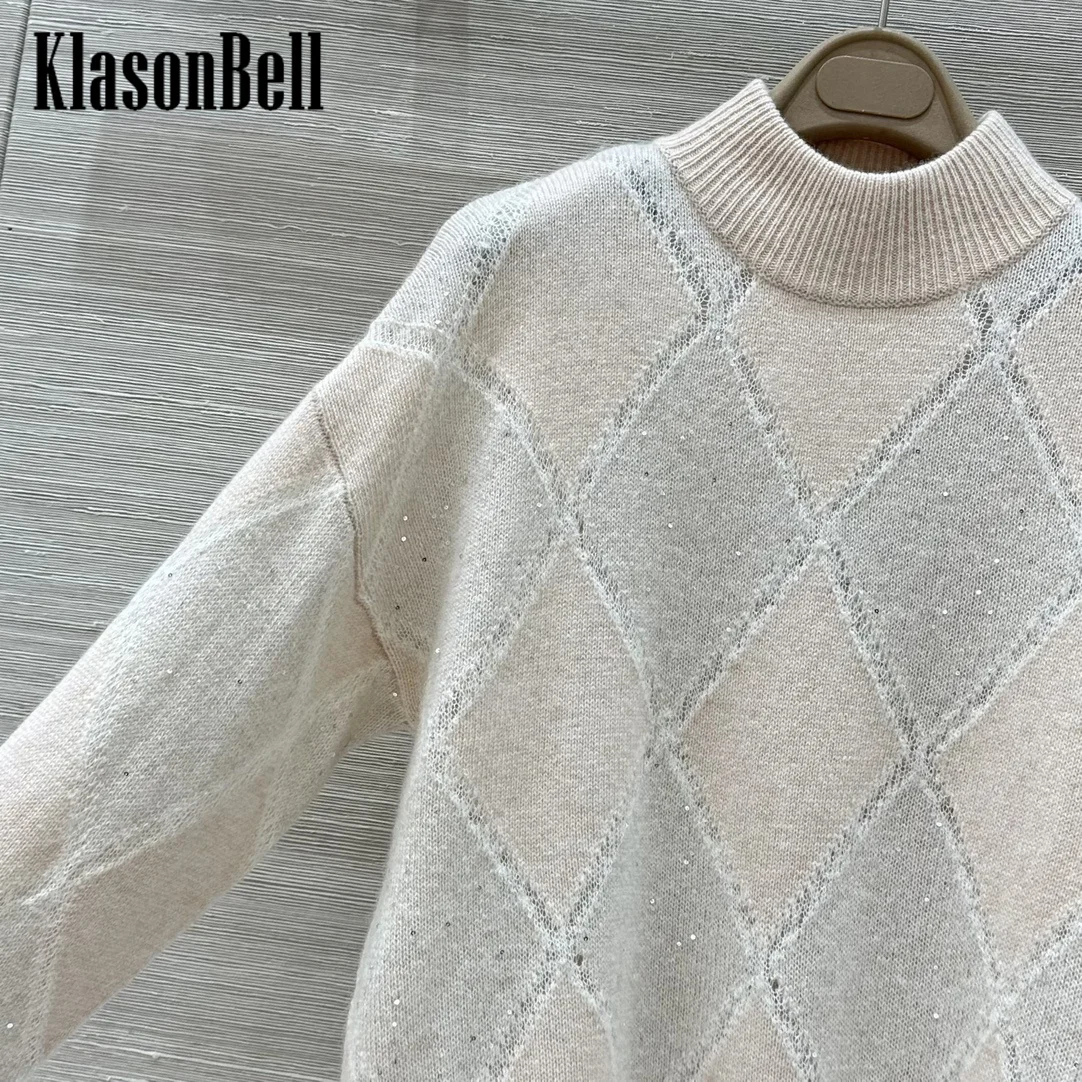 9.28 KlasonBell Fashion Bling Sequins Argyle Plaid Knitwear For Women Half High Collar Cashmere Keep Warm Loose Sweater