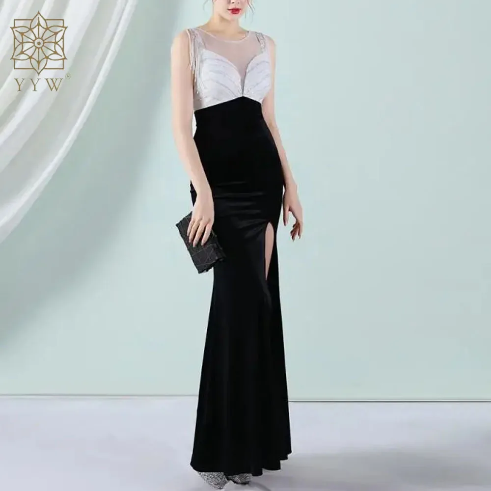 

Velour Sequin Glitter Elegant Long Prom Dress 2022 Formal Mermaid Slit Sexy Dress Sleeveless Beading Robe De Soriee New Arrival