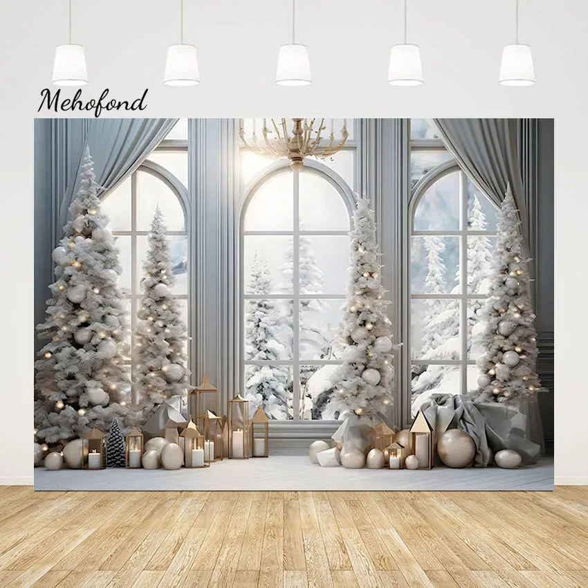 Mehofond-Fondo de invierno para habitación de Navidad, decoración de vela de ventana de bosque de pino congelado, fotografía de fondo para niños,