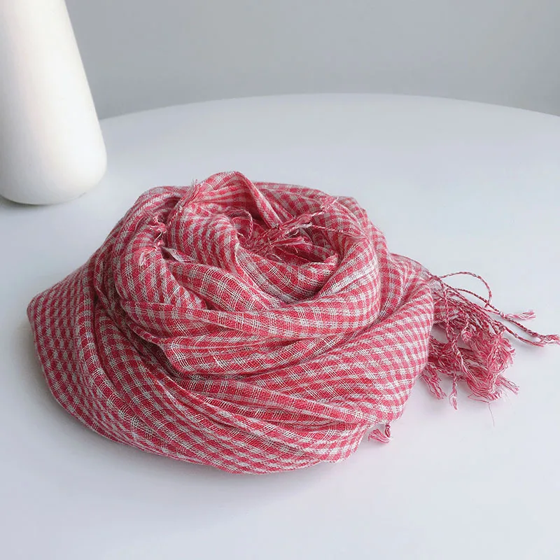 Spring/Summer Small Plaid Tassel Linen Scarf