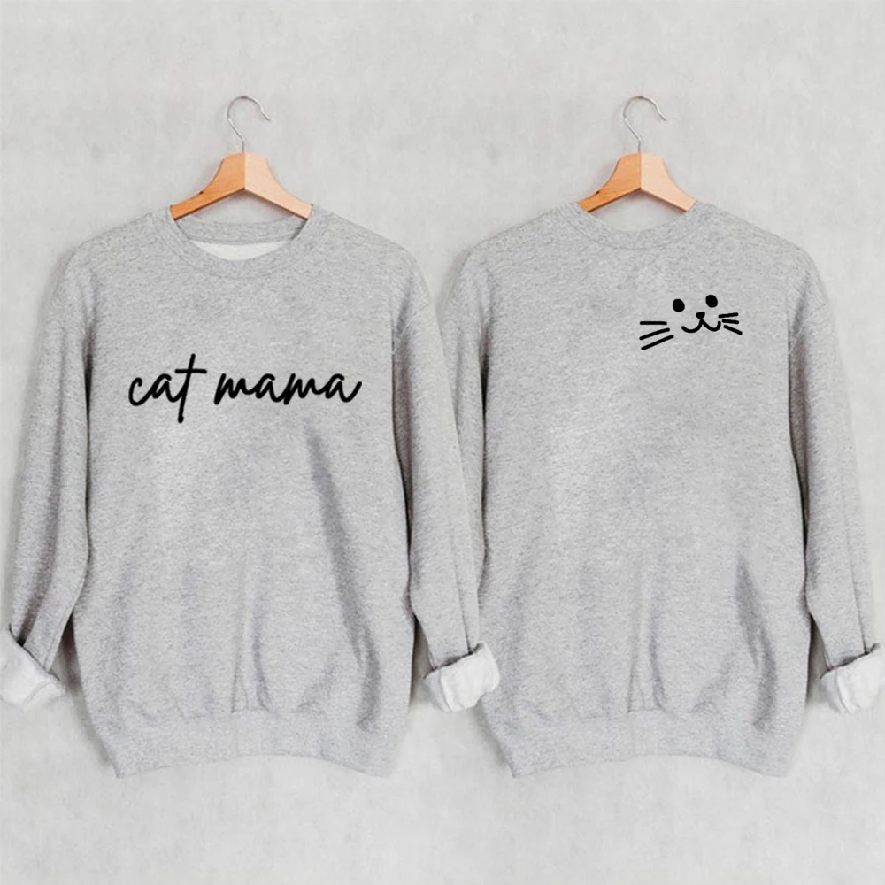 Women Cat Mama Sweatshirt Cat Lover Pullover Funny Front and Back Print Sweater Cat Mom Crewneck Sweatshirt Mother\'s Day Gift