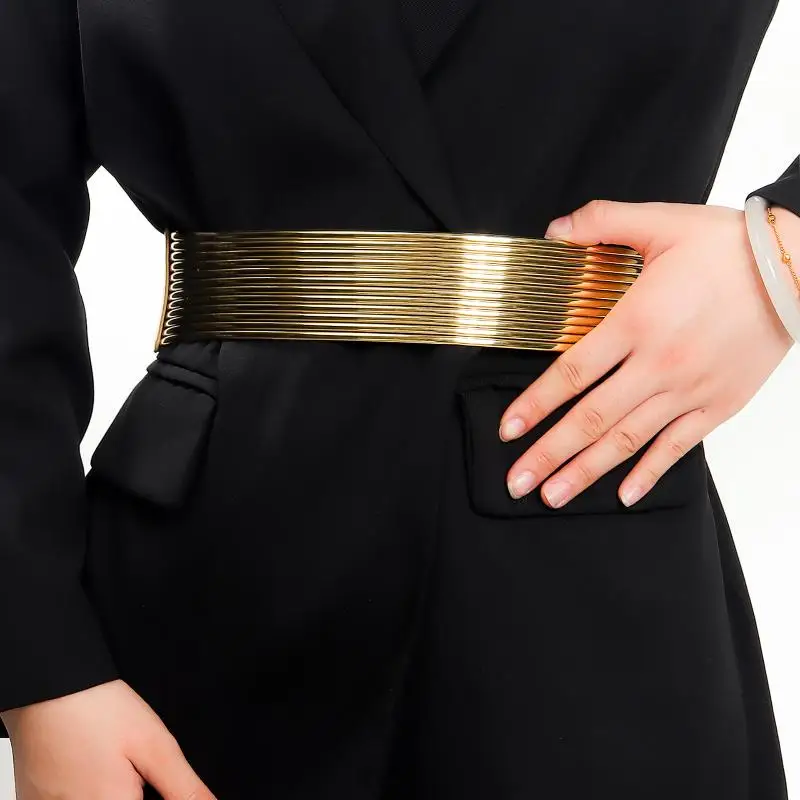 

Gold Women Waist Belt Punk Style Long Elastic Belt Fashion Bright Silver Corset Belts Adjustable for Dresses Party Outfits