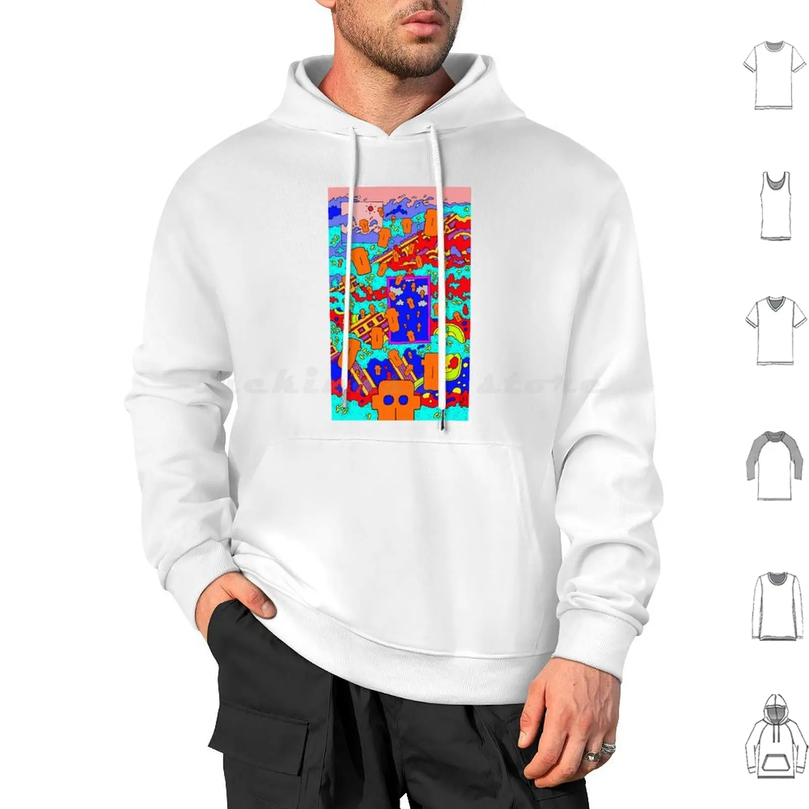 Floating Faces-Orange Hoodies Long Sleeve Hand Drawn Doodle Sketch Colour Colourful Abstract Abstract Art Psychedelic