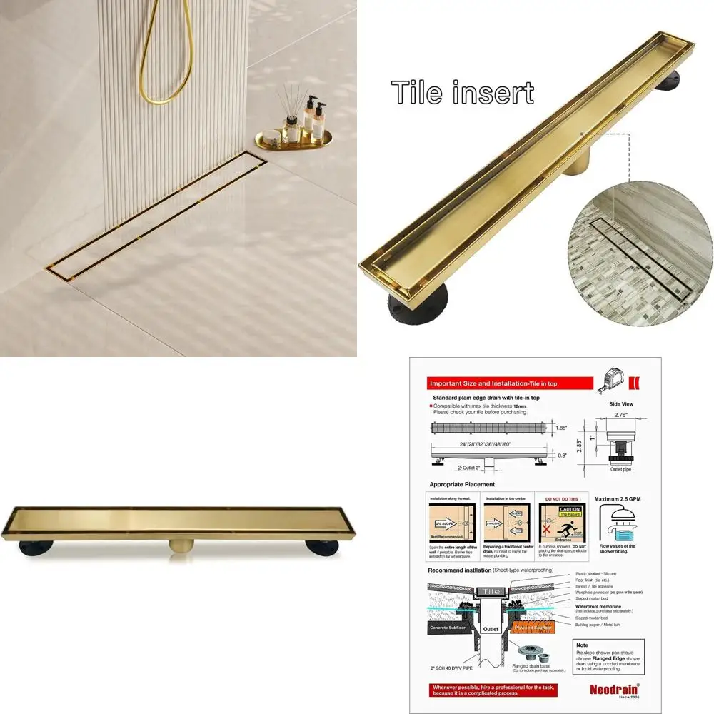 

Линейный слив для душа из нержавеющей стали 36 с плоской крышкой 2-в-1 и вставкой из плитки, прямоугольный дизайн из матовой латуни для современной ванной комнаты