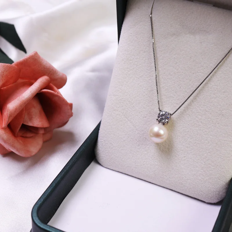 

Round Strong Light Freshwater Pearl Necklace Adjustable Zircon Pendant S925 Silver