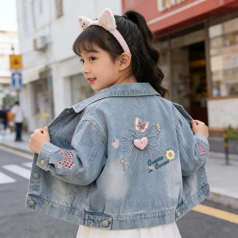 Teenage Girl's Spring Autumn Denim Jacket New Style Children's Embroidered Butterfly Vintage Coat for Teens