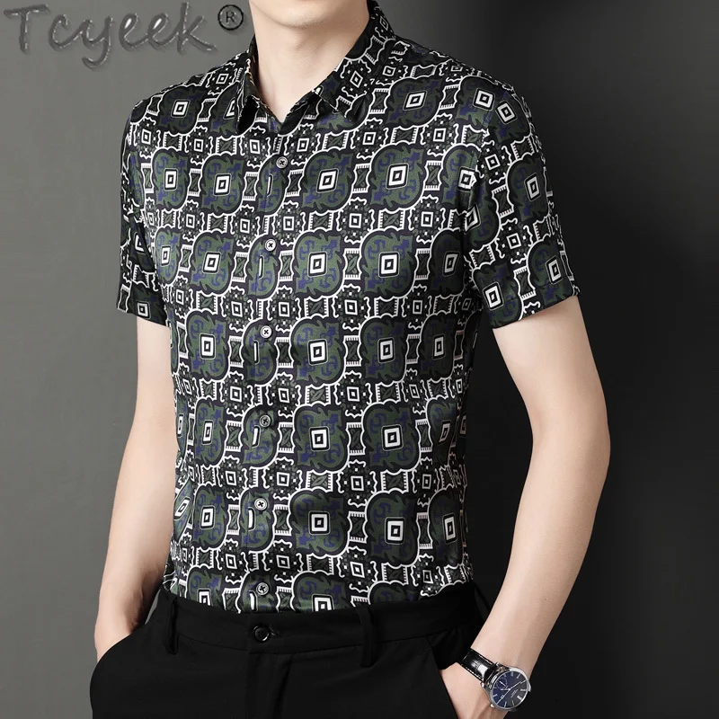 Tcyeek 90.8% Mulberry Silk Mens Shirt Thin Style Summer Short Sleeve Top 2024 High-end Casual Shirts for Men Clothes Print Shirt