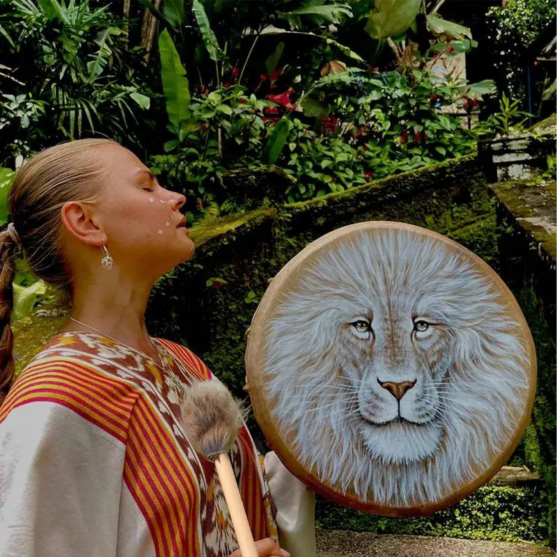 Shaman Drum for Adults Frame Drum with Lion Totem Spiritual Instrument Symbol of the Siberian Drum Spirit Music for Meditation