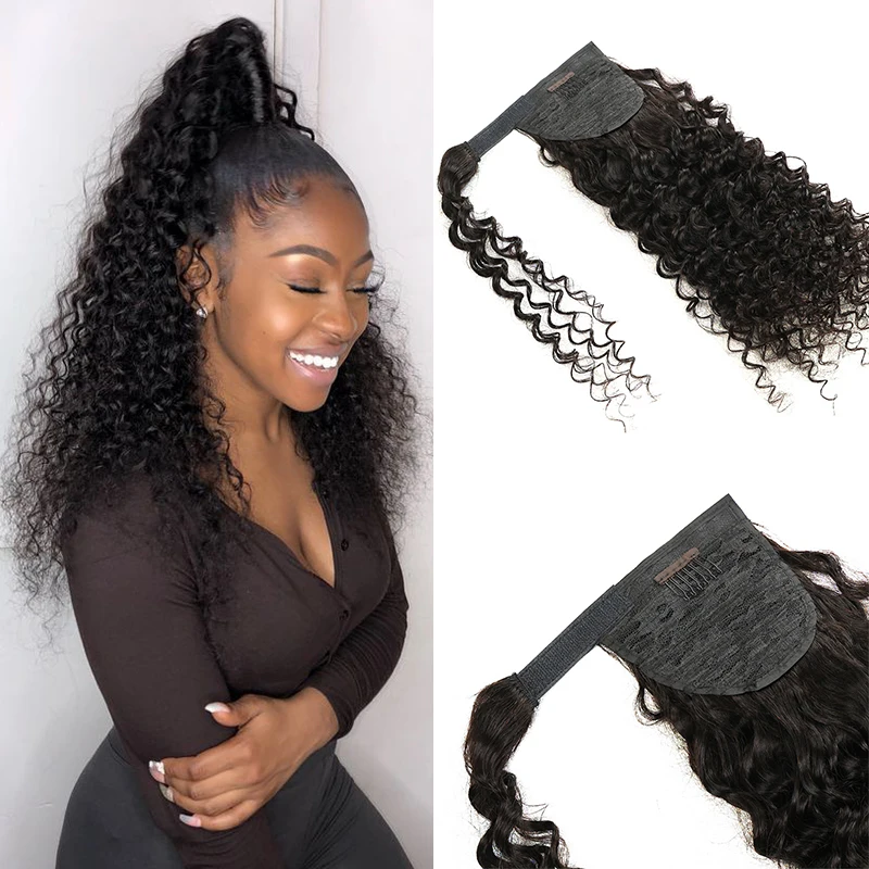 Extensão velcro rabo de cavalo para mulheres, cabelo humano de onda profunda, envoltório, cor preta natural, peruca, 12-30 in