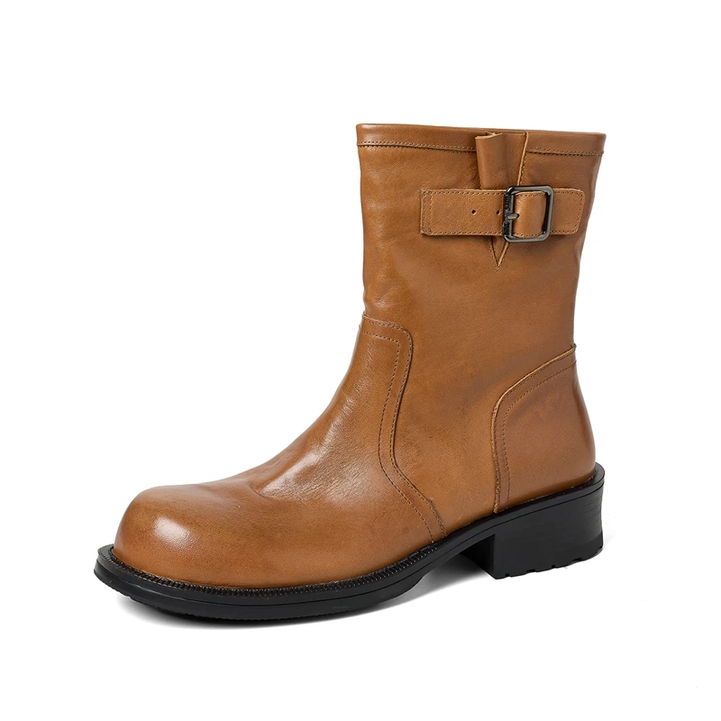 2027 New Plus Size 34-42 Genuine Leather Boots Women Shoes Buckle Retro Ankle Motorcycle Boots Winter Western Half Knigh Boots