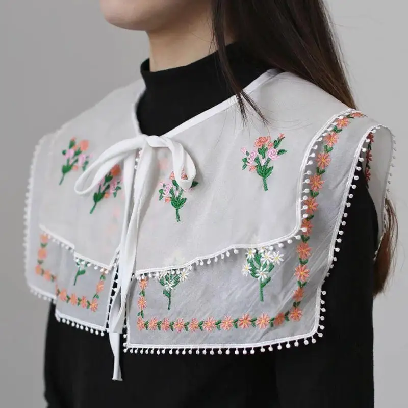 DIY Collar falso desmontable borde ondulado Collar falso cuello bordado encaje hasta escote bordado Floral muñeca solapa chal