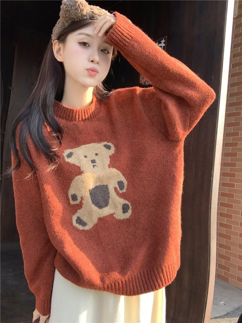 الرجعية الكرتون الدب المرأة المتضخم تريكو طويل Sve جولة Ne البلوز سترة الخريف الشتاء ملابس داخلية قاعدة طبقة Loo...