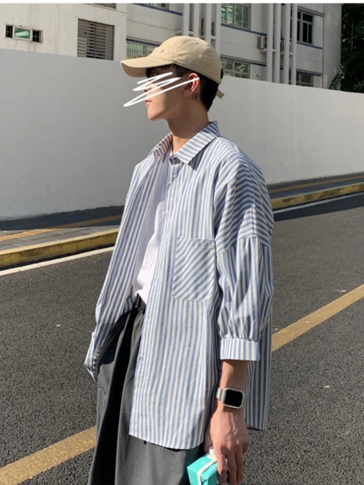 

Cleanfit Men's Seven-Quarter Sleeve Shirt Blue Stripes Korean Style Spring Outerwear Casual Loose Fit Summer Fashion