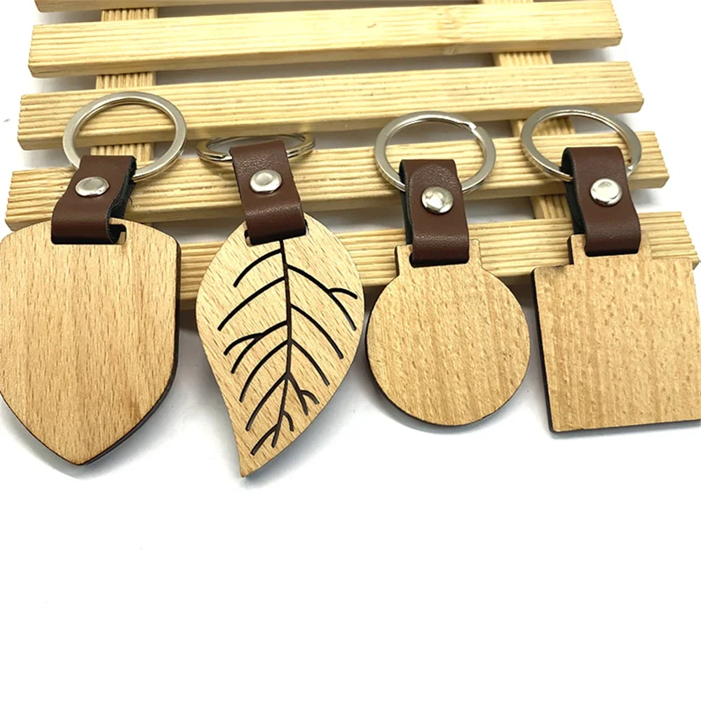 Blanks Wood Leather Keychain For Women Men Geometric Round House Leaf Wooden Key Chain Car Bag Keyrings Accessories