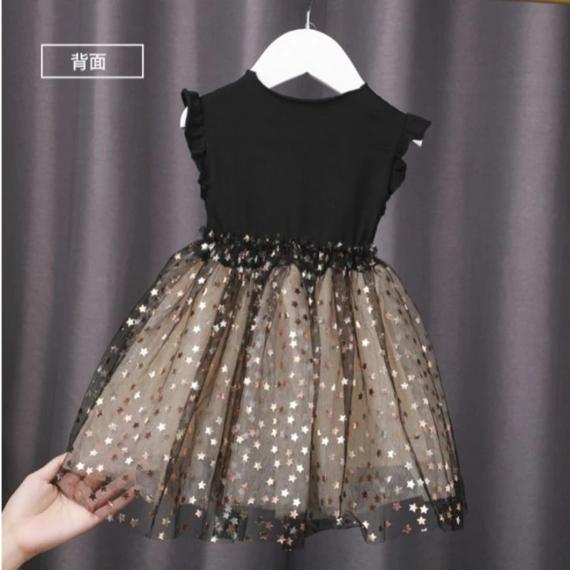 1 to 7 Years 2024 New Baby Black Dress Spring and Summer New Korean Girl Cotton Tutu Skirt Star Net Gauze Princess Dress