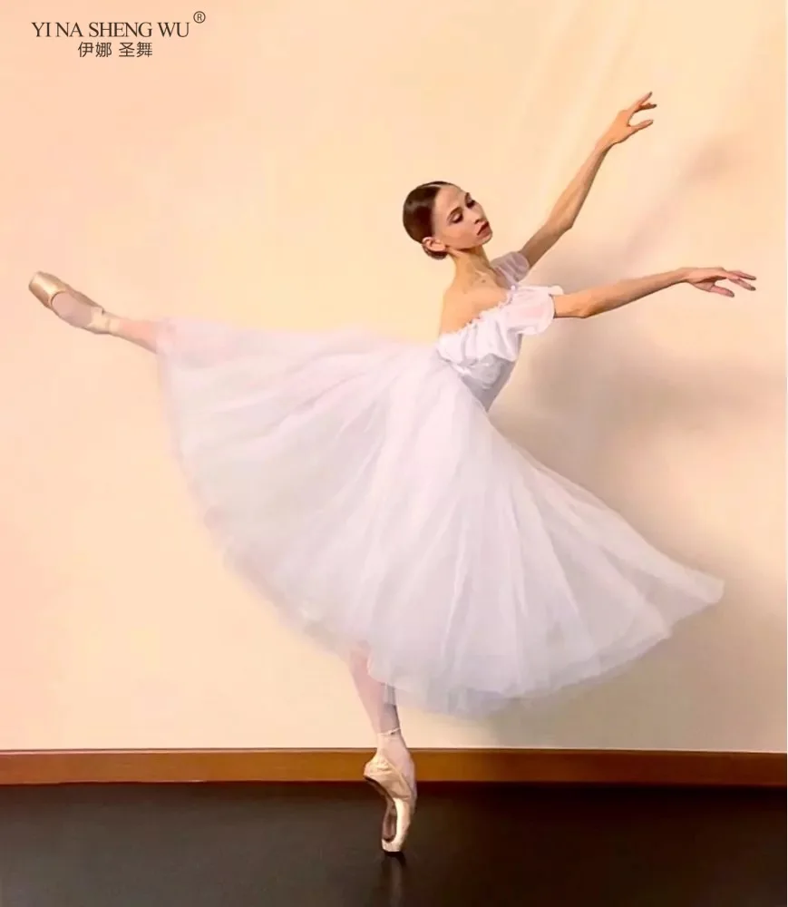 Robe blanche de Ballet fée Giselle pour filles, Version professionnelle de danse flocon de neige avec bouton ouvert, jupe longue en gaze fluide, nouvelle collection