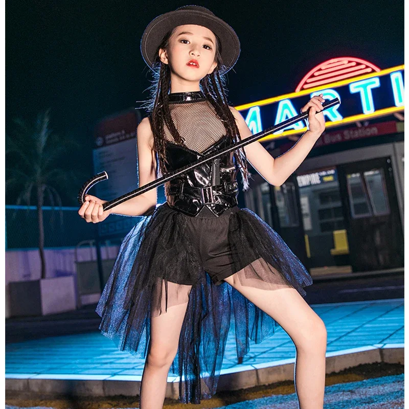 Dance Performance Dress Pu Leather Top And Skirt Set Children Jazz Dance T-stage Model Walk Show Suit Girl Fashion