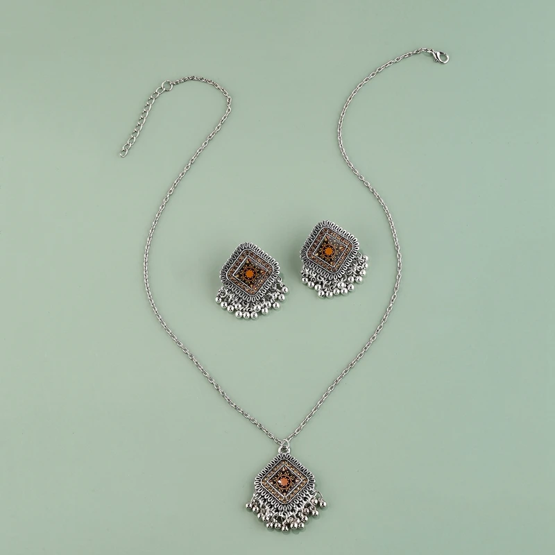 Indian Jwellery Sets For Women Ethnic Silver Color Rhombus Flower Carved Bells Indian Necklace&Earring African Jewelry