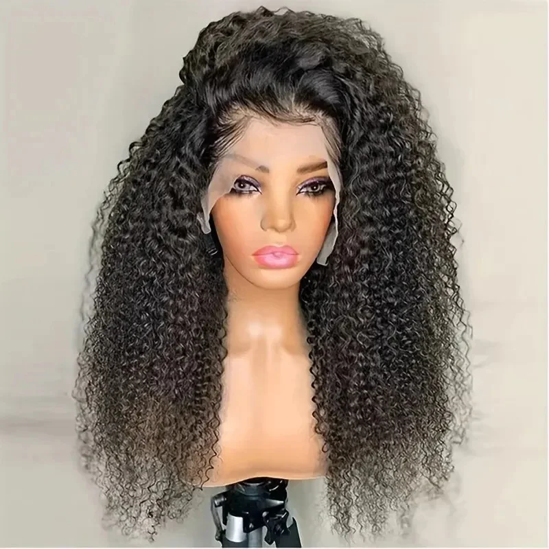 Long Kinky Curly Lace Front Perucas para Mulheres, Parte Profunda, Cor Preta, Cabelo do Bebê, Glueless, Preplucked, Roupa Diária, 26in