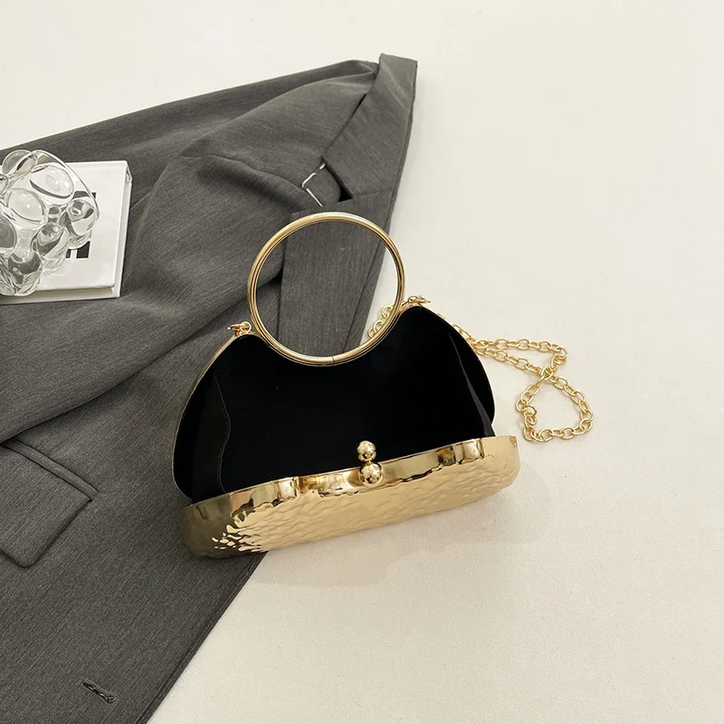 Round Handle Golden Evening Clutch Bags For Women Metal Texture Luxury Designer Purses And Handbags Wedding Party Crossbody Bag