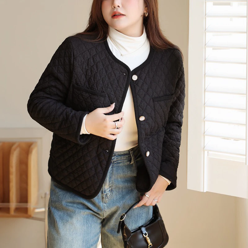 Lightweight Cotton-Padded Jacket for Women, French Argyle Parkas, Plus Size, Casual, Good Quality, Embossed, Autumn Winter, 8528