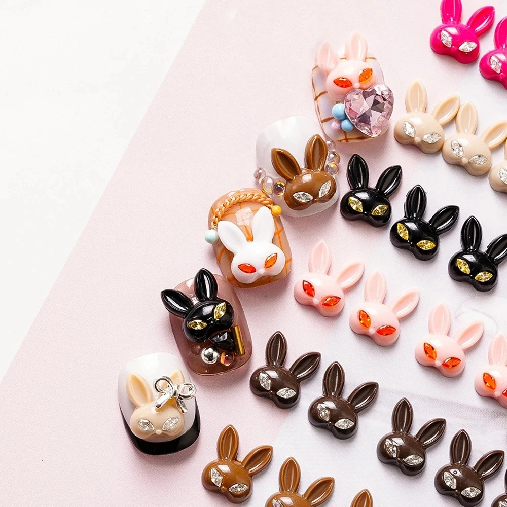 5Pcs Long Ears Rabbit Nail Art Charm 3D Cartoon Lovely Resin Diamond Eyes Rabbit Nail Ornament DIY Exquisite Nail Accessories