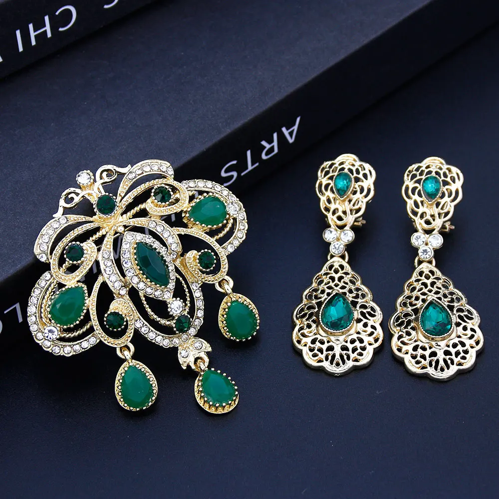 Sunspicems Gold Color Morocco Jewelry Bride Brooch Earring Sets Red Green Crystal Algeria Wedding Jewelry Sets Arab Hijab Pins