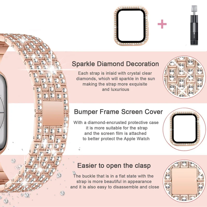 Diamond Bands For Apple Watch 45mm 41mm 40mm 42mm 44mm Women Glitter Metal Strap Protective Case iWatch Series 8 7 6 5 4 3 2 SE