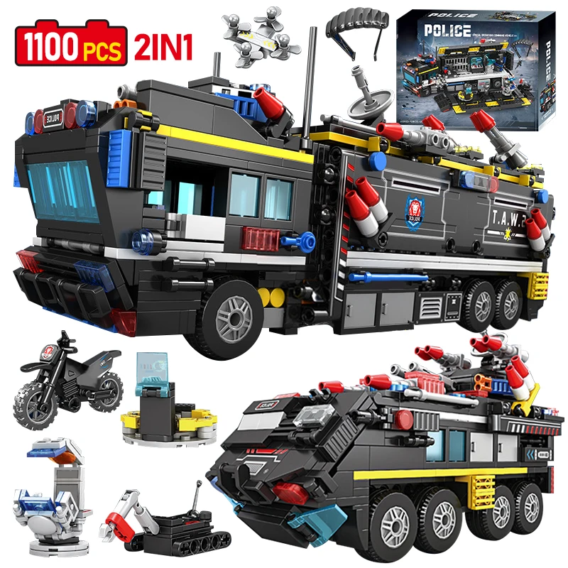 1100 Uds. Bloques de construcción de automóviles de estación de policía de ciudad MOC 2 en 1 SWAT equipo camión casa montar bloques Diy juguete para niños regalo