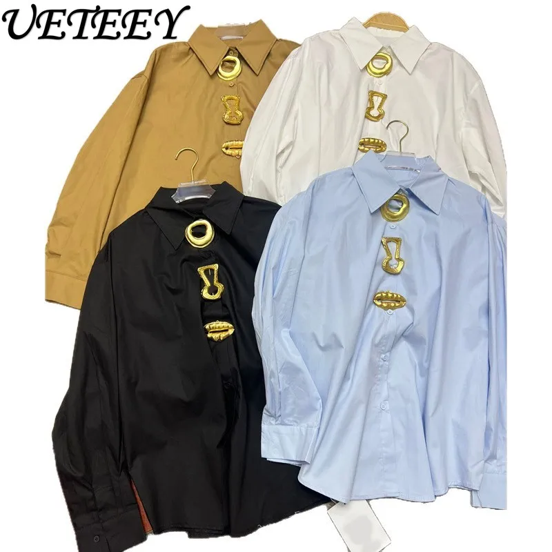 

Женская блузка в стиле вестерн с металлическими пряжками, свободными пуговицами и длинными рукавами, повседневная, для тяжелой промышленности