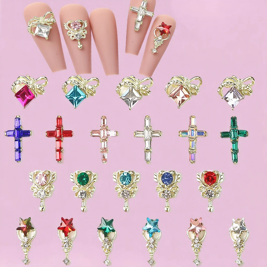 30 stuks Cupido Hart Sleutel Fee Wand Nagel Gem Decoratie Roze Hart Steentjes Nagel Charmes Zilverachtige Bas Kristallen Manicure Sieraden