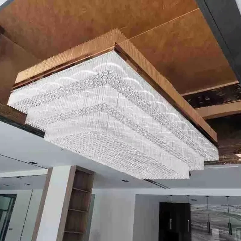 Luxury Rectangular K9 Crystal Chandelier 3 Layer LED Light Fixture for Hotel Lobby Villa Banquet Hall Decoration