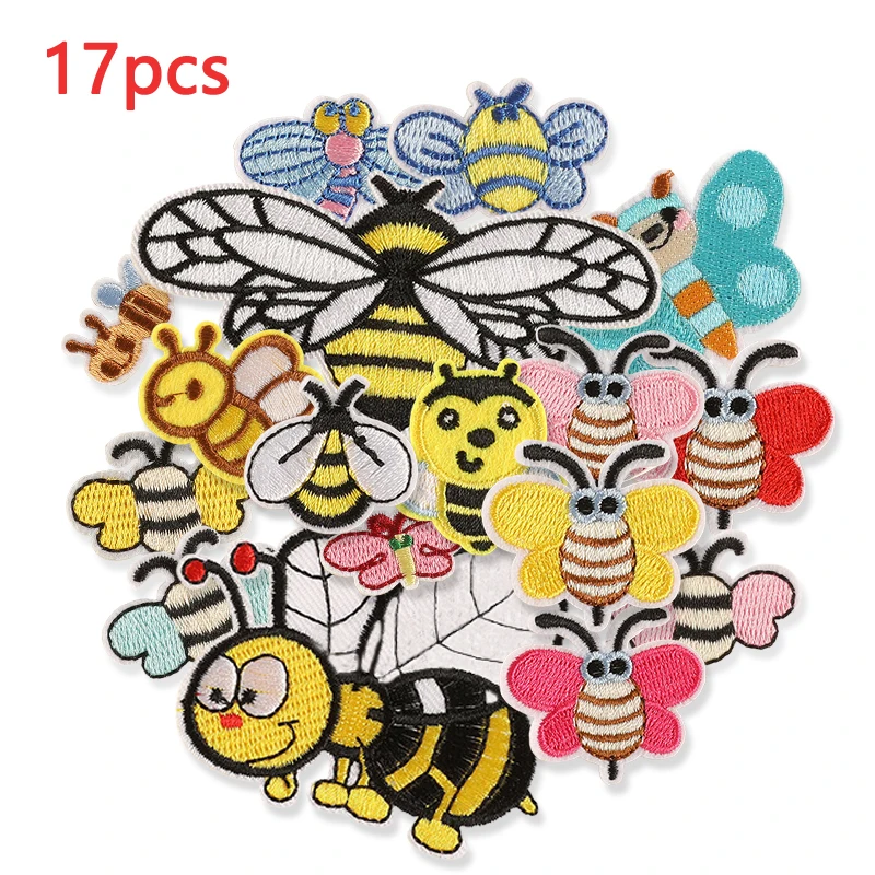 Ferro de abelha em patches bordados para vestuário, crianças bonitos grandes pequenos animais, massa térmica DIY, Naszywka costura, atacado, 17pcs por lote