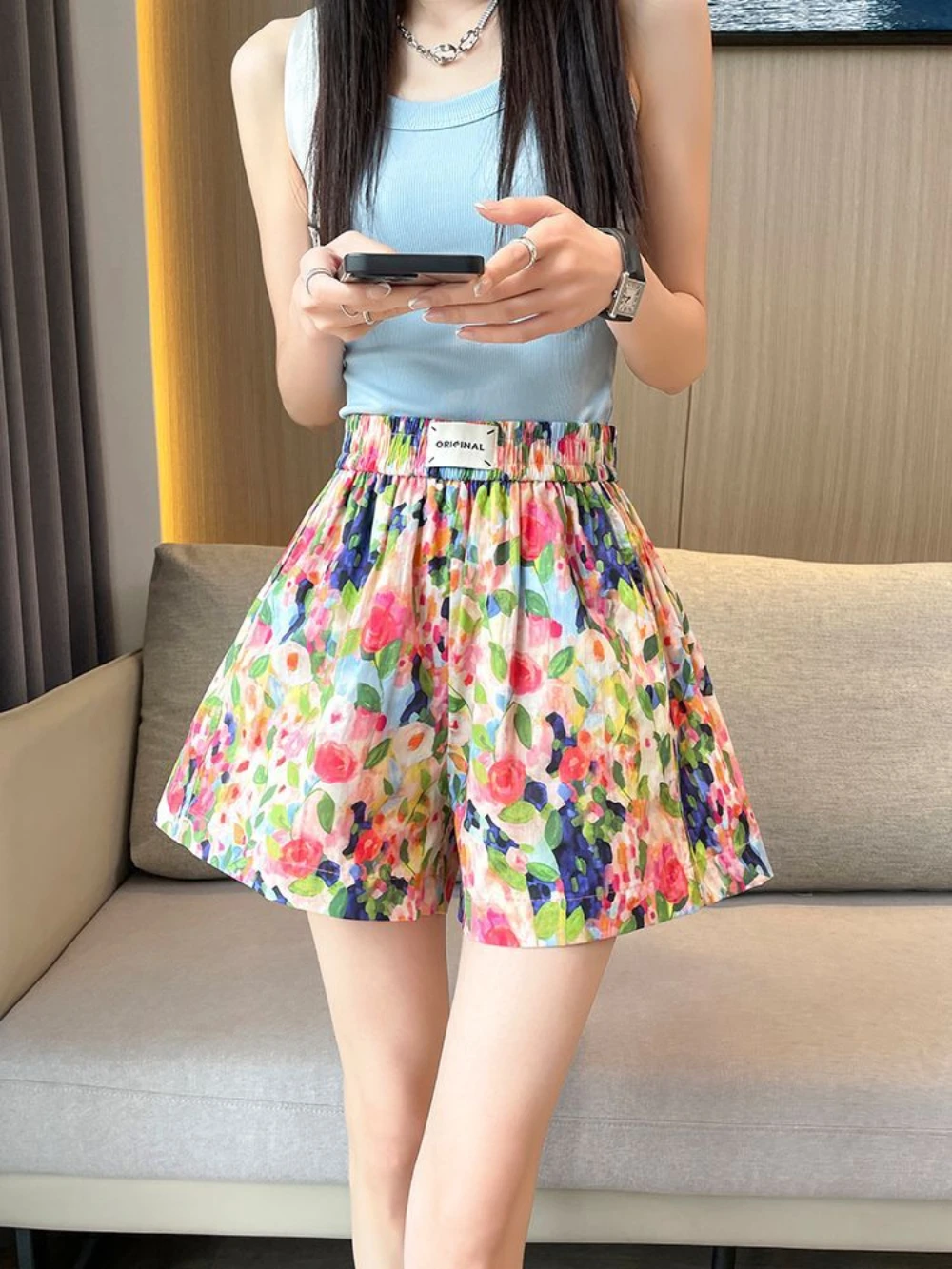 

Y2k Vintage Comfy Summer Flowers Wide Casual Woman Short Pants Loose Youthful Designer New In XL Elastic Waist Shorts for Women
