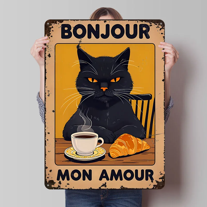 Bonjour Mon Amour Katzen-Metallposter Individualisierte Wandkunst Retro Vintage Metallschilder für Männerhöhle Raumdekoration Gaming Heim-Dekor