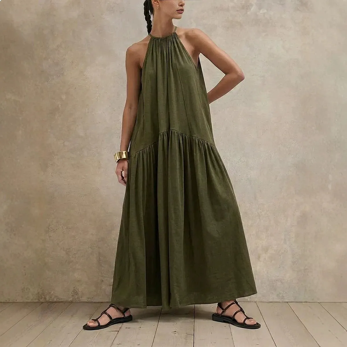 Boho Solid Sleeveless Tie Waist Pleated Casual Dress Dresses Spring Summer