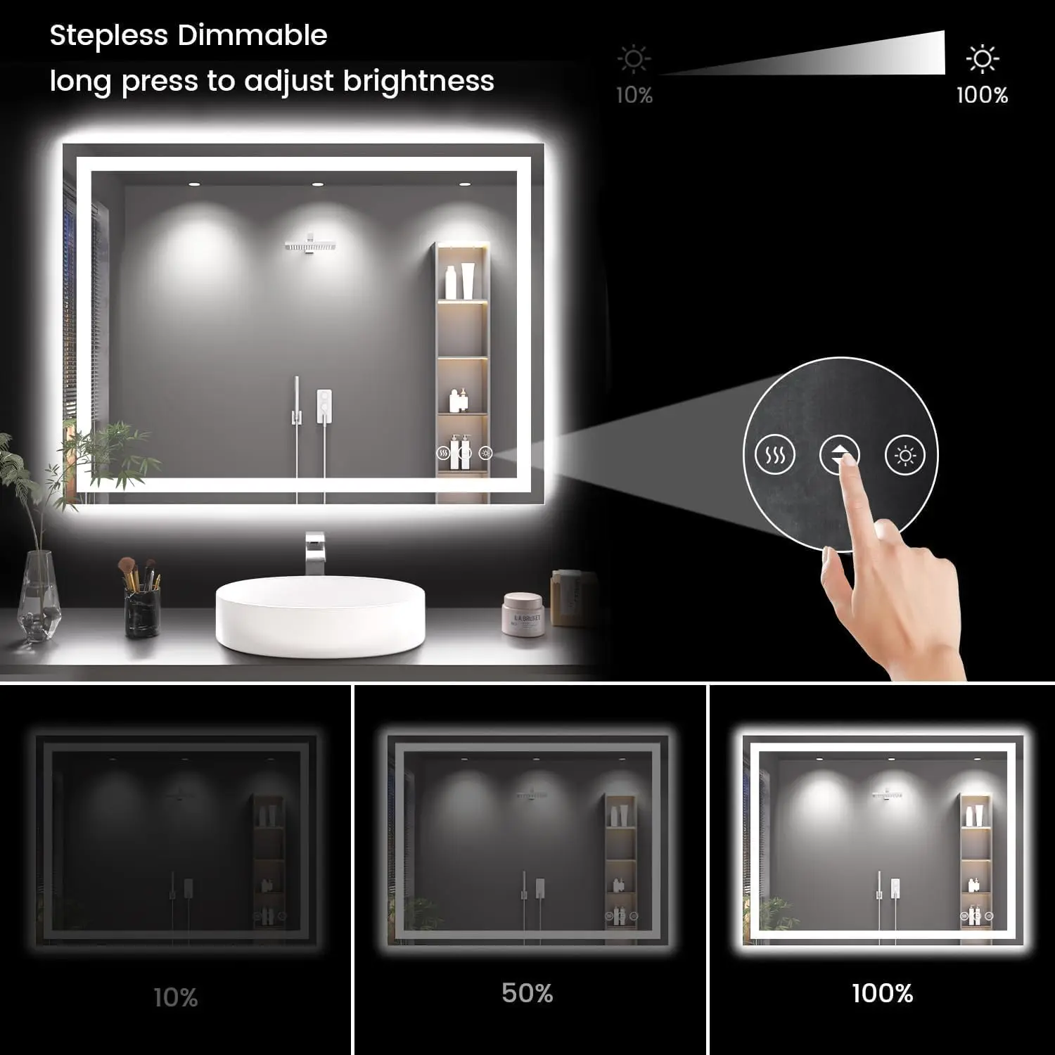 Specchio da bagno 40x30 LED con antiappannamento, luci dimmerabili, vetro infrangibile, funzione di memoria
