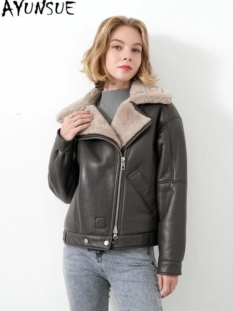 

AYUNSUE Natural Sheepskin Fur Coat Women Real Leather Jacket Winter Clothes 2025 Lamb Wool Motocycle Jackets Woman Streetwear