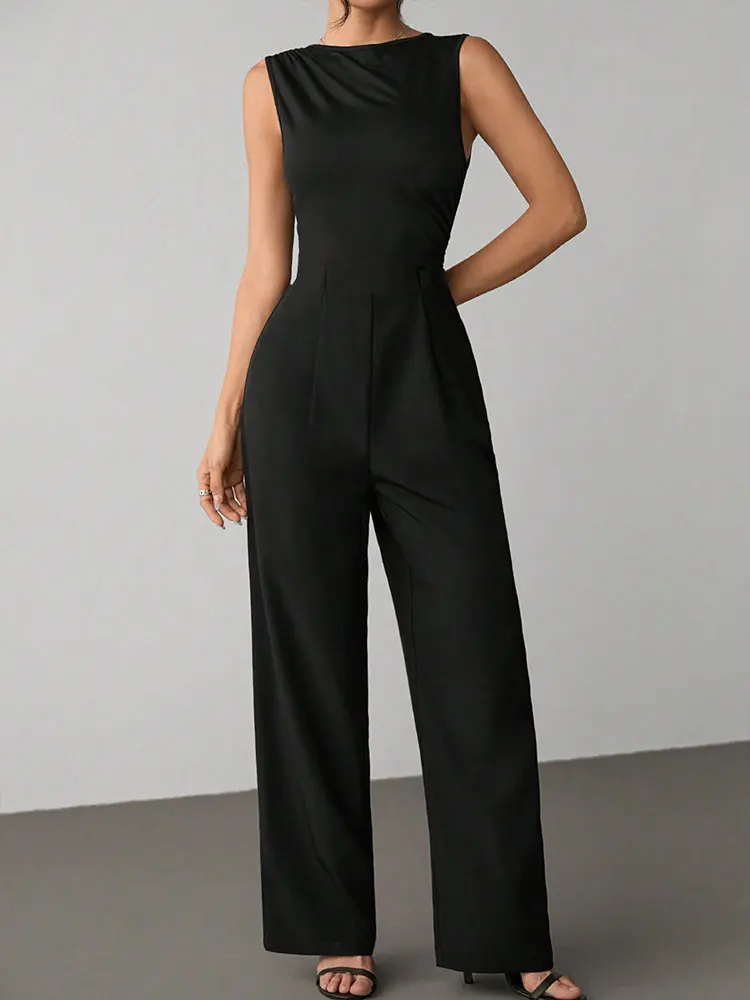 

Summer New Women's Jumpsuits Streetwear Fashion Tank Sleeve O-Neck Casual Slim Rompers Black Sexy Female Off Shoulder Jumpsuits