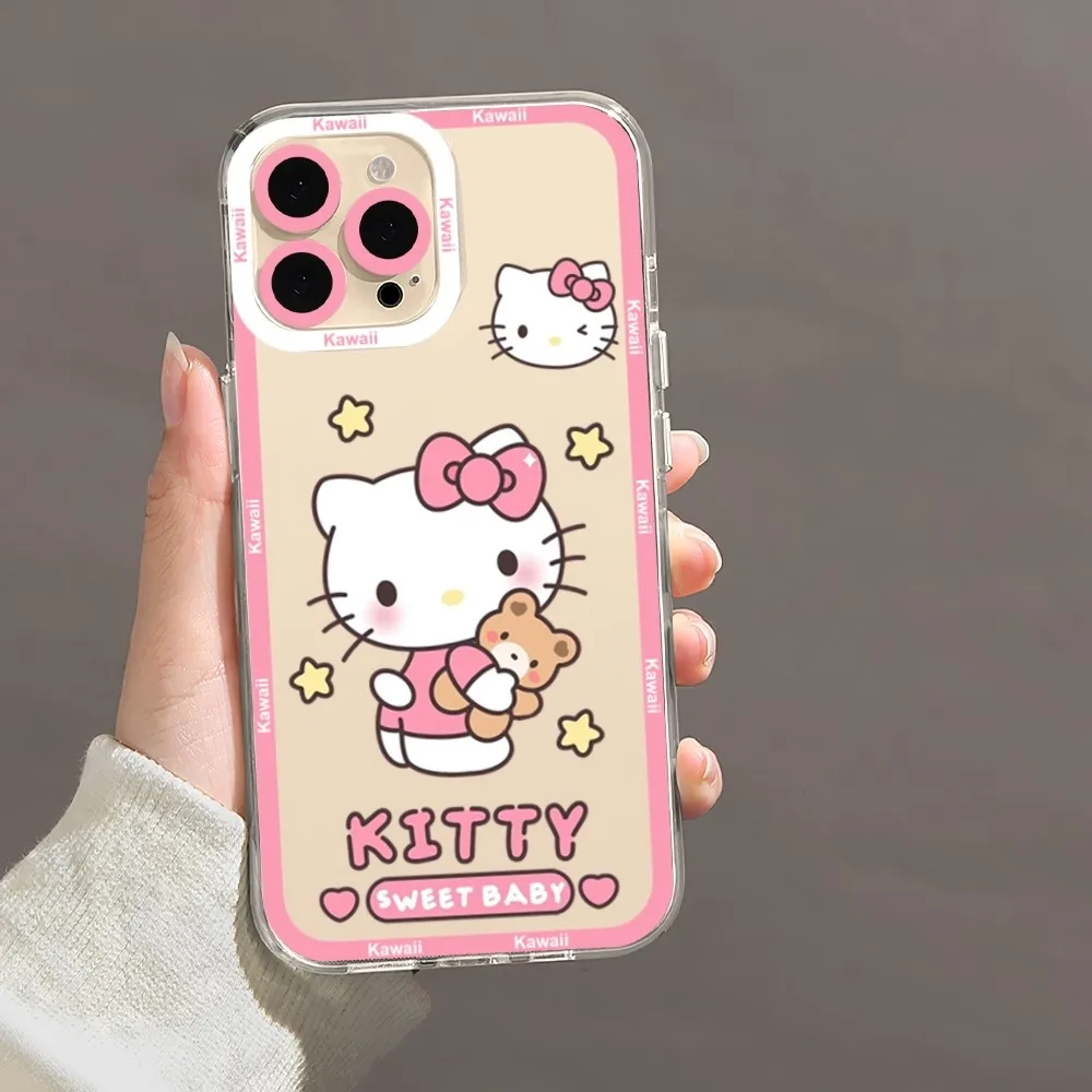 Kawaii H-Hello K-Kitty Cartoon K-Kuromi Phone Case For iPhone 11 12 Mini 13 14 Pro Max Transparent Shell